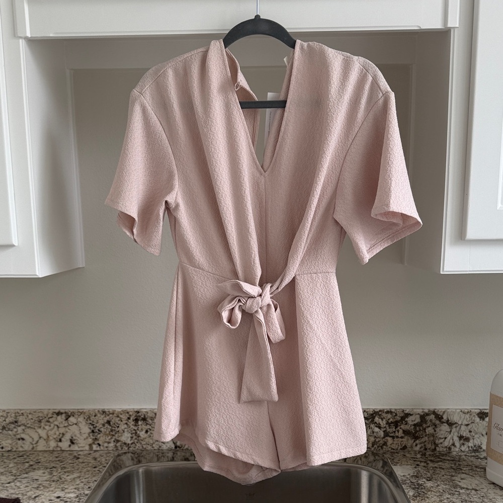 Lush Pale Pink Textured V-Neck Tie-Waist Romper